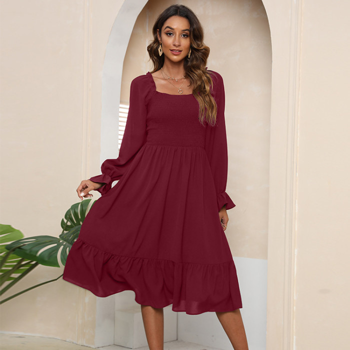 New Swing Long Sleeve Square Neck Casual Solid Midi Dresses