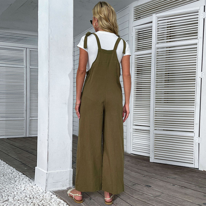 Casual Wide-leg Cotton And Linen Loose Pleated Straps Jumpsuits
