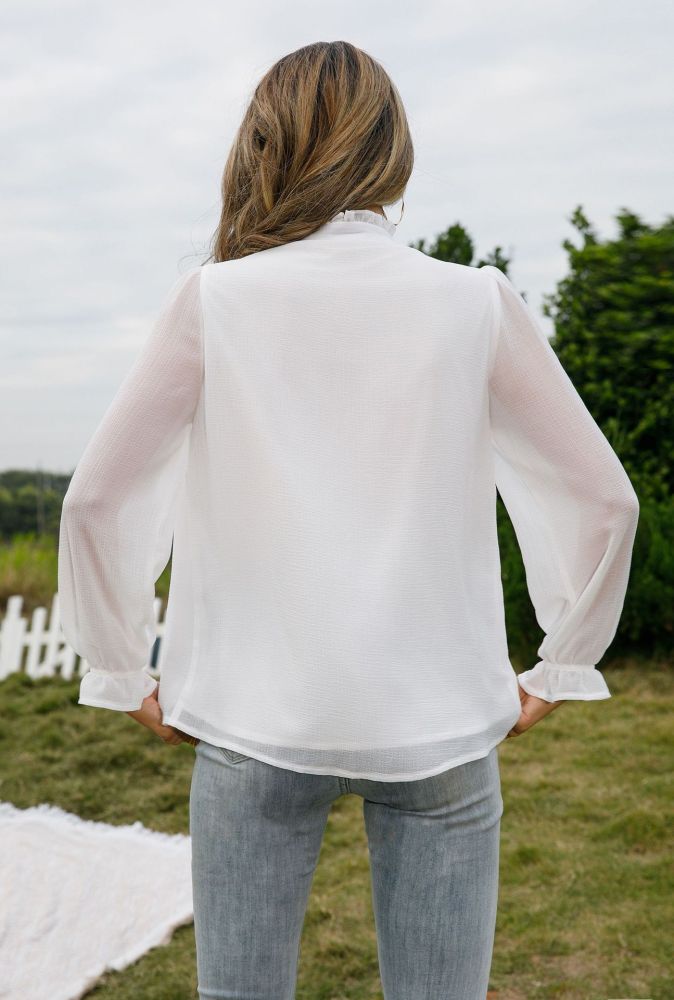 New Solid V-Neck Chiffon Lace Long Sleeves Blouses & Shirts
