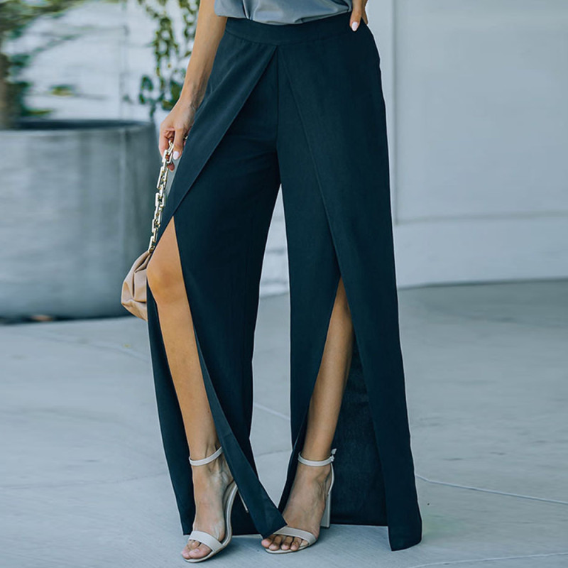Casual Women's Slit Solid Color High Waist Loose Pants