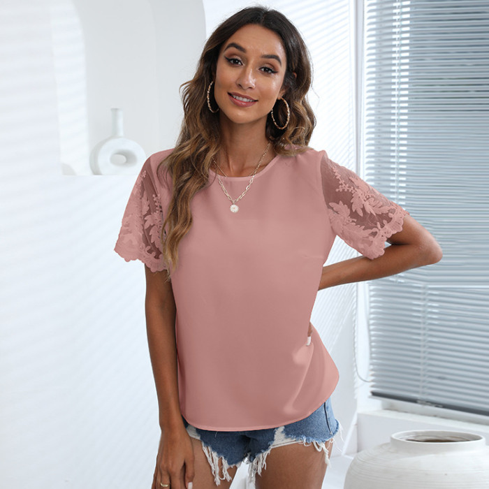 New Solid Color Crew Neck Lace Short Sleeve Embroidered Chiffon Blouses & Shirts