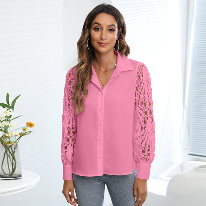 New Ladies Solid Color Top Casual Lace Patchwork Blouses & Shirts