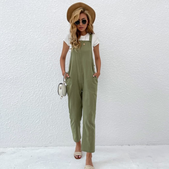 One-piece Black Cotton And Linen Nine-point Overalls Women's Jumpsuits