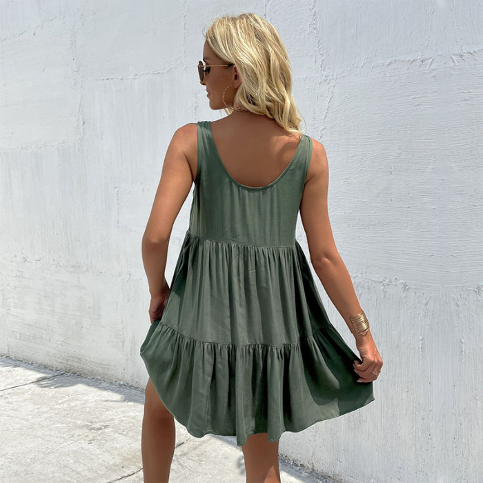Fashion Sleeveless Casual Strap Green Loose Mini Dresses