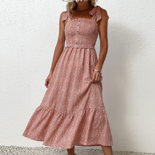 New Pink Floral Tie Ruffle Sling Square Neck Midi Dresses