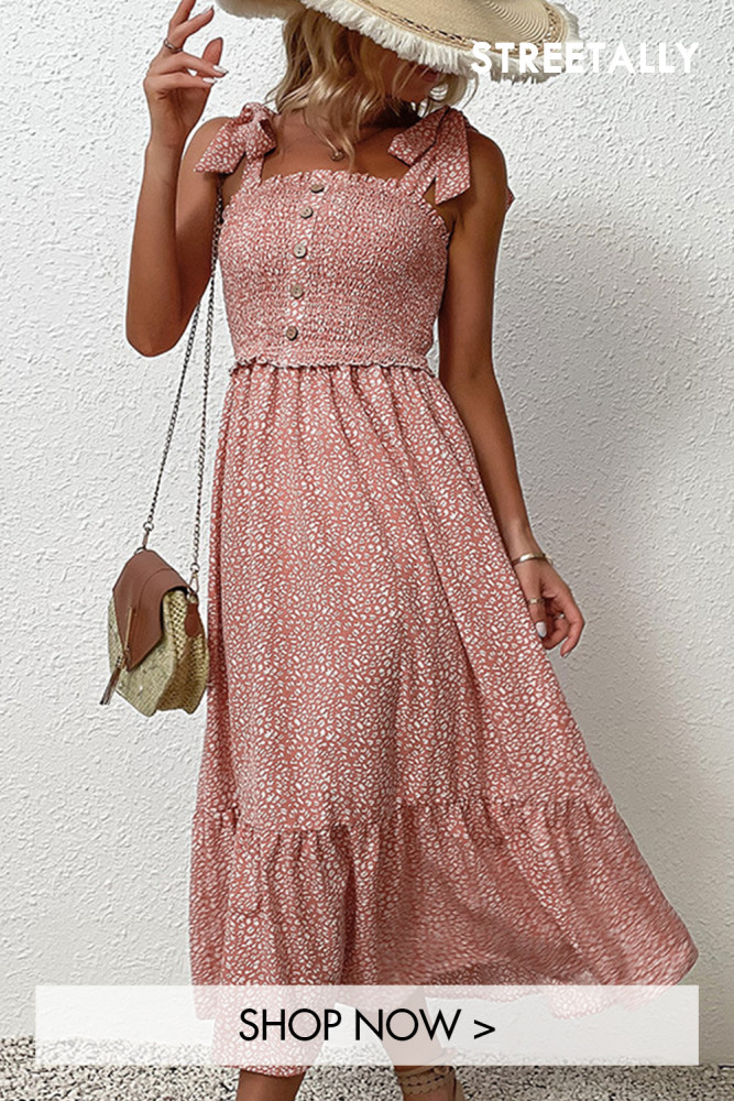 New Pink Floral Tie Ruffle Sling Square Neck Midi Dresses