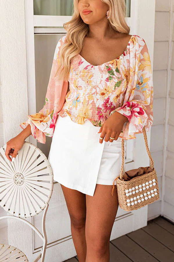 Women's V-Neck Long Sleeves Printed Thin Loose Floral Blouses & Shirts