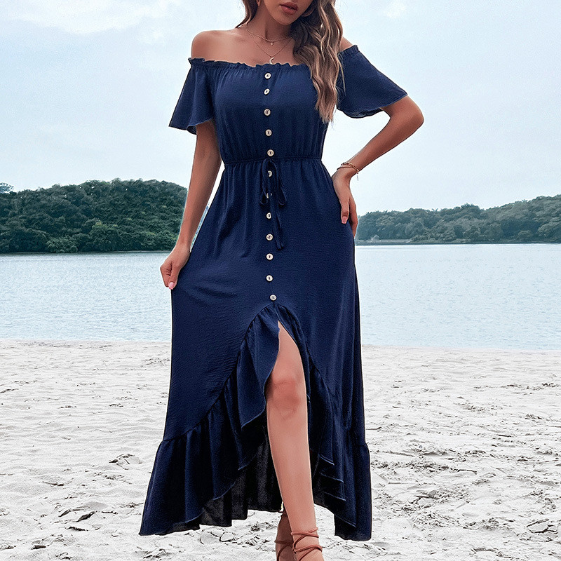 New Solid Color One Shoulder Ruffle Irregular Blue Midi Dresses