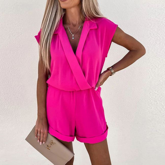Sleeveless Deep V High Waist Loose Casual Women's Solid Color Rompers
