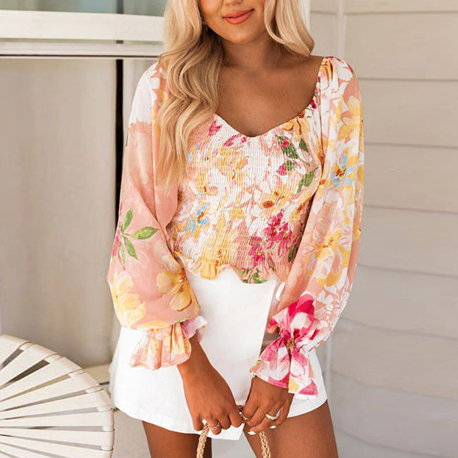 Women's V-Neck Long Sleeves Printed Thin Loose Floral Blouses & Shirts