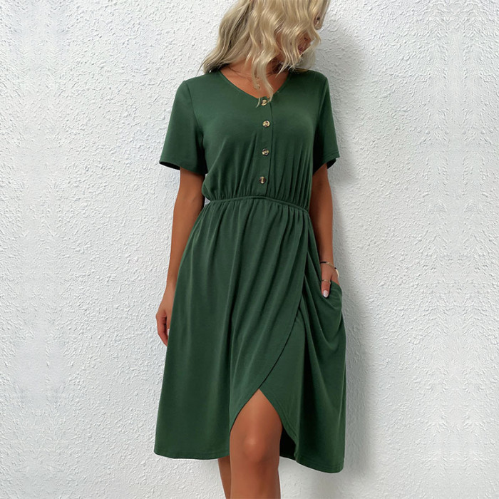 Women's Pleated Irregular Green Crew Neck Button-In Waist Casual Dresses