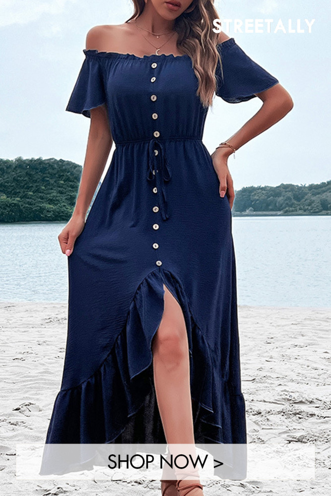 New Solid Color One Shoulder Ruffle Irregular Blue Midi Dresses