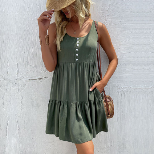 Fashion Sleeveless Casual Strap Green Loose Mini Dresses