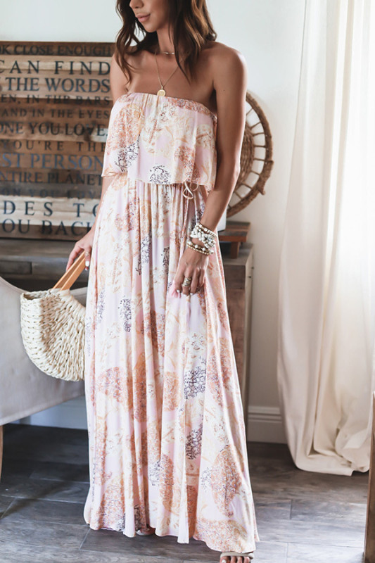 Strapless Tie Loose Resort Print Elegant Maxi Dresses