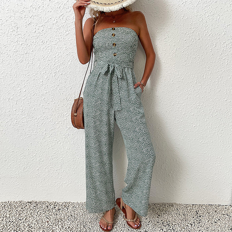 Temperament Off-the-shoulder Tube Top Floral Lace Tight Button Jumpsuits