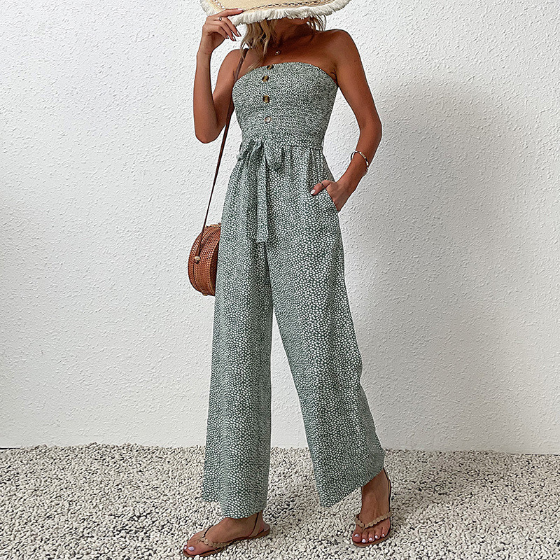 Temperament Off-the-shoulder Tube Top Floral Lace Tight Button Jumpsuits