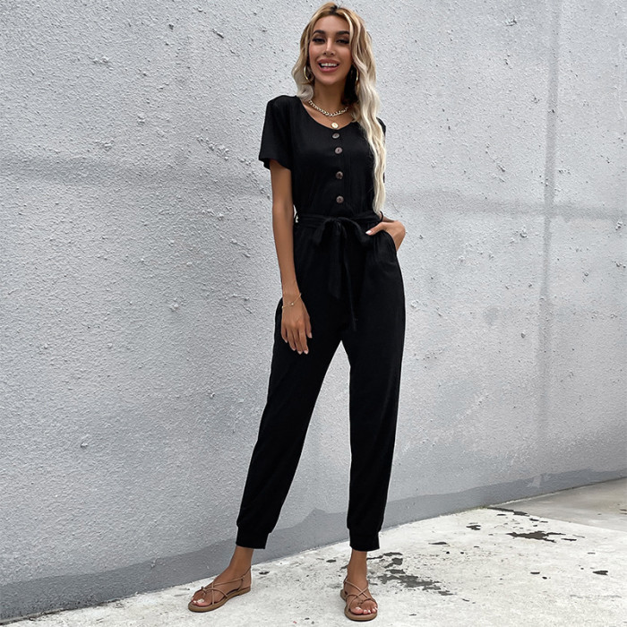 Casual Button Slim Fit Lightweight Black Jumpsuits