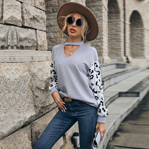 Contrast Knit Grey Long Sleeve Cutout Hoodies & Sweatshirts