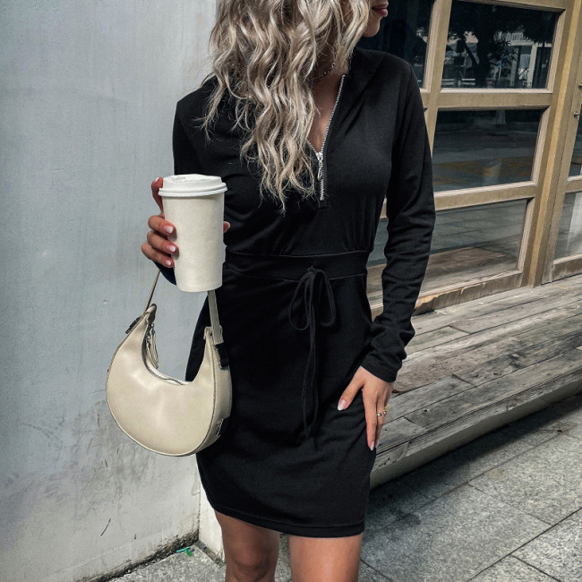 Solid Hooded Black Bodycon Dresses Bodycon Dresses