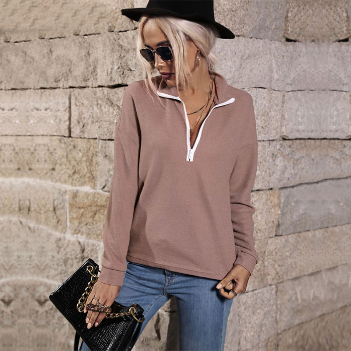 Top Zip Long Sleeve Lapel Knit Hoodies & Sweatshirts