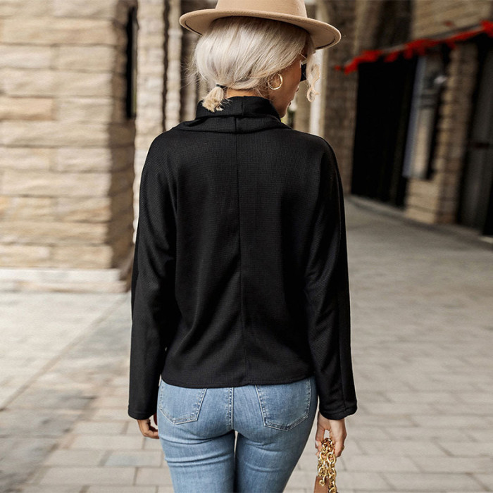 Tops Women's Fashion Style Black Long Sleeve V-Neck Knit Hoodies & Sweatshirts
