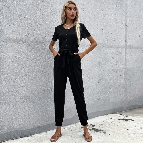 Casual Button Slim Fit Lightweight Black Jumpsuits