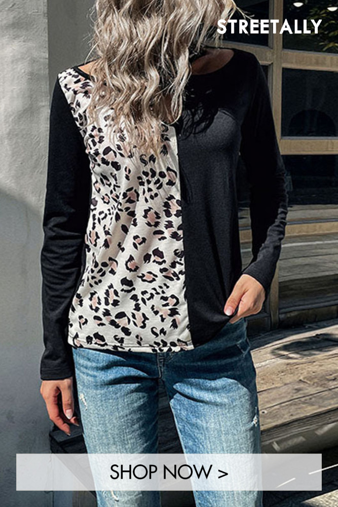 Women's Long Sleeve Leopard Panel Knit Top Hoodies & Sweatshirts