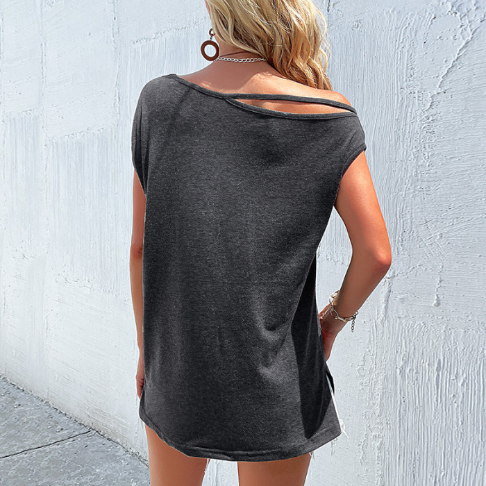One-shoulder Top Solid Color Hollow Loose Loose T-shirts