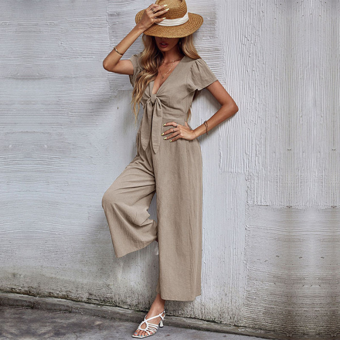 Casual Cotton And Linen Hollow Knot V-neck Nine-point Wide-leg Jumpsuits