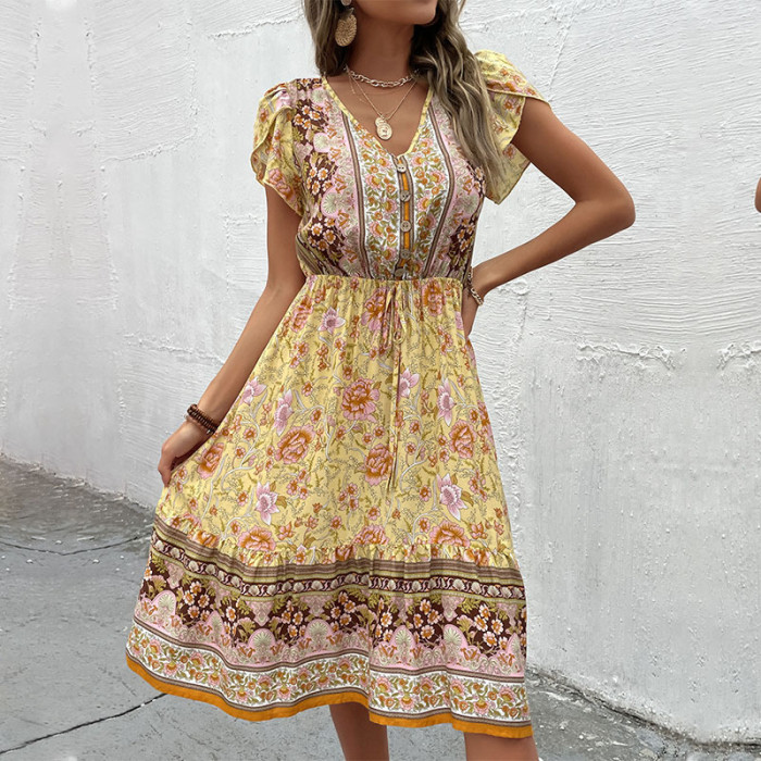 Vintage Resort Style Women's V-Neck Print Summer Slim Casual Dresses