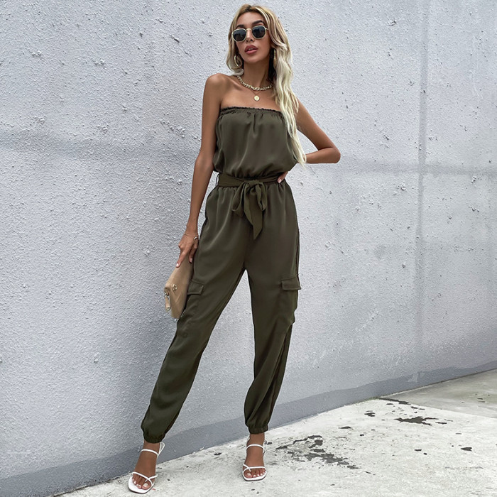 Tooling One-Line Neck Straight Lace-Up Long Jumpsuits
