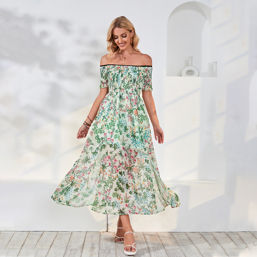 Floral Slits Swinging Holiday Style One-shoulder Short-sleeved Maxi Dresses