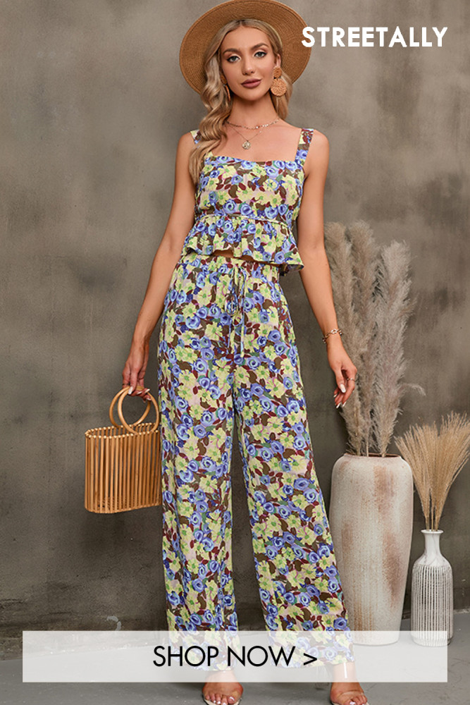 Sleeveless Sling Ruffle Print Lace-Up High-Rise Trousers Two-piece Outfits