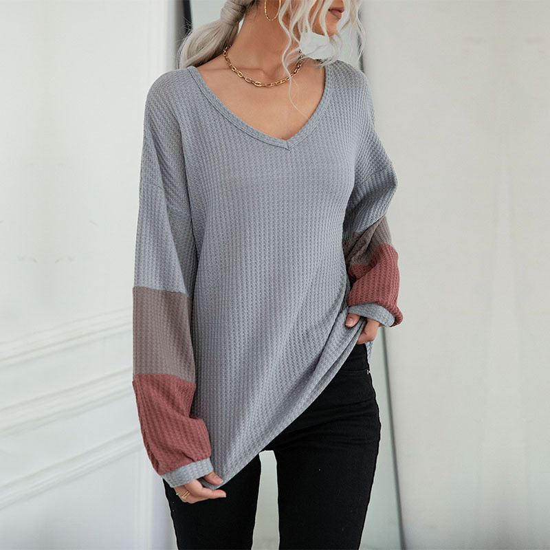 Colorblock Long Sleeve Grey V-Neck Loose Hoodies & Sweatshirts