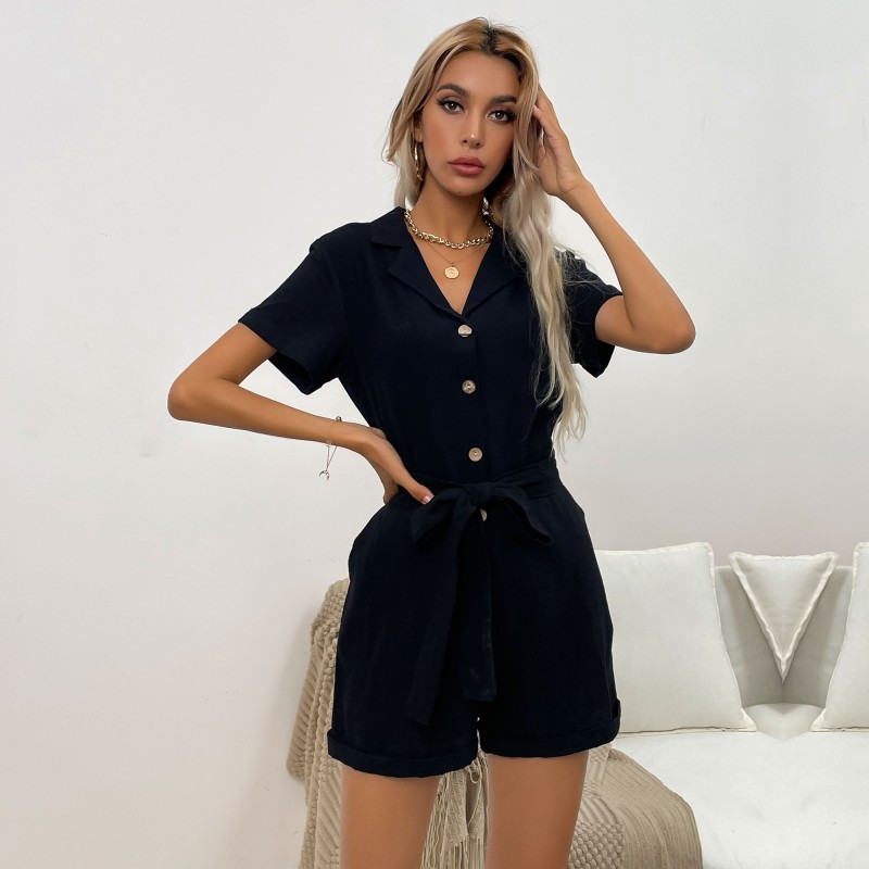 Casual Lace-Up Lapel V-Neck Button-In Waist Cotton Linen Rompers
