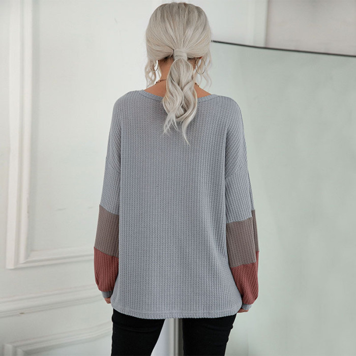 Colorblock Long Sleeve Grey V-Neck Loose Hoodies & Sweatshirts
