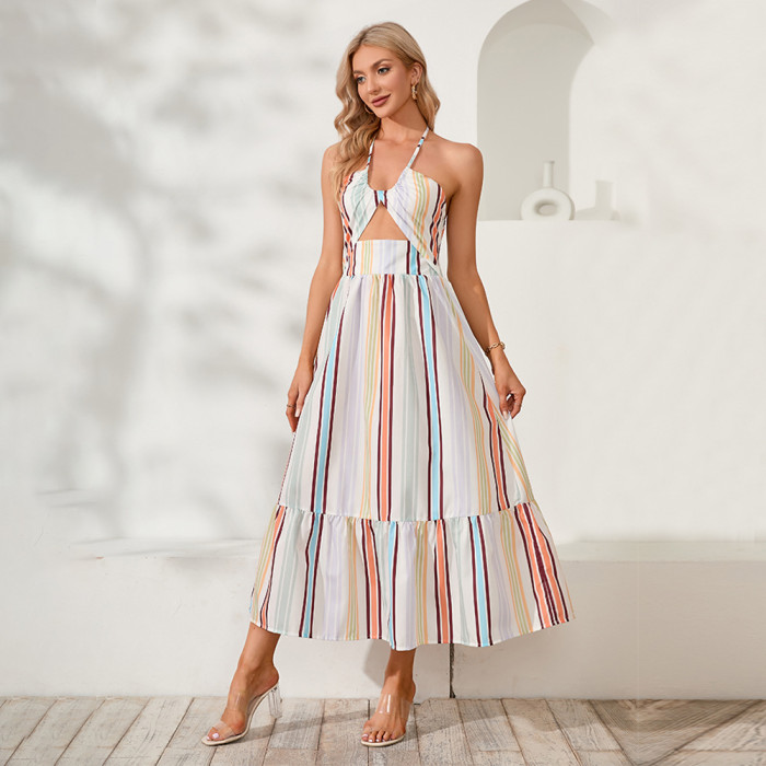 Striped Halterneck Sexy Deep V Wrap Chest Strap Maxi Dresses