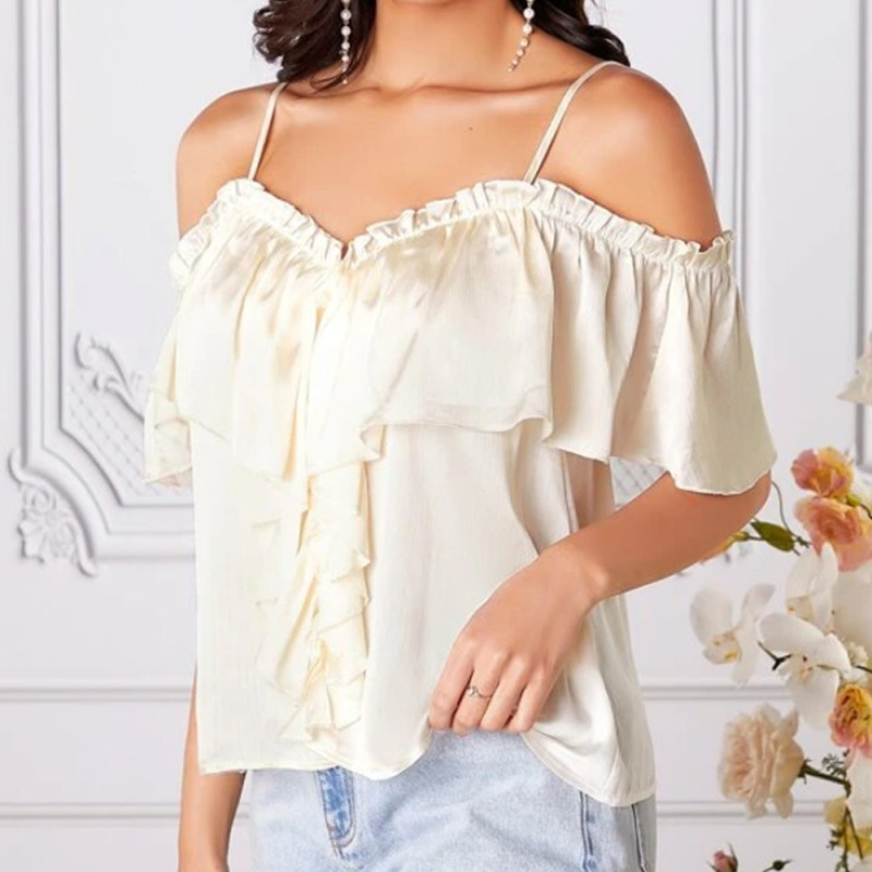 Sling Wrap Chest Off-Shoulder Cropped Ruffle Sleeve Solid Top Blouses & Shirts