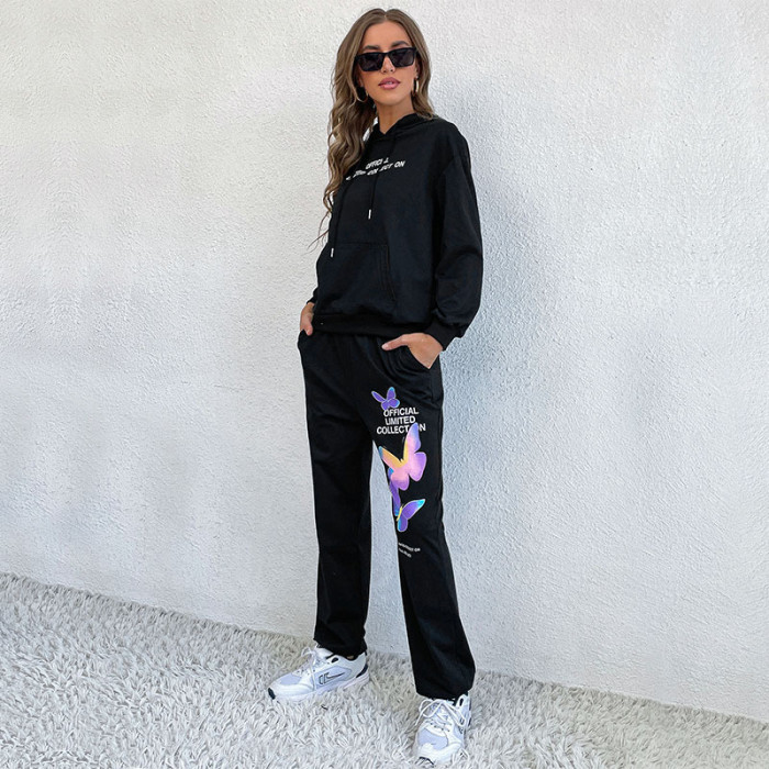 Women's Casual Printed Long Sleeve Hooded Trousers Two-piece Outfits