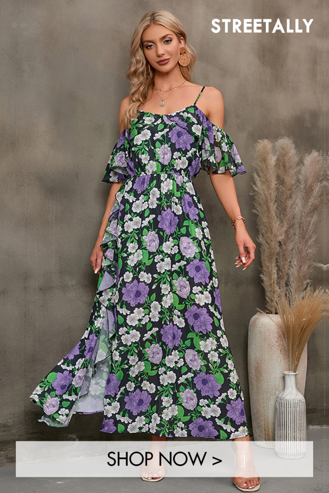 Sexy Elegant Print Backless Sling Slit Women Maxi Dresses