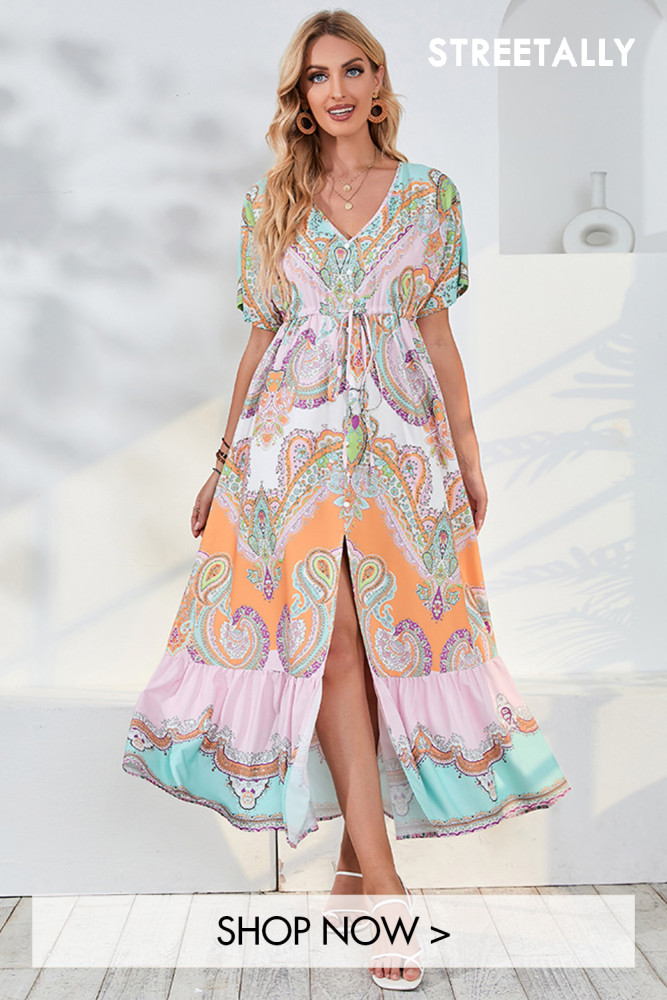 Bohemian Swing V-Neck Beach Resort Lace-Up Print Slit Maxi Dresses