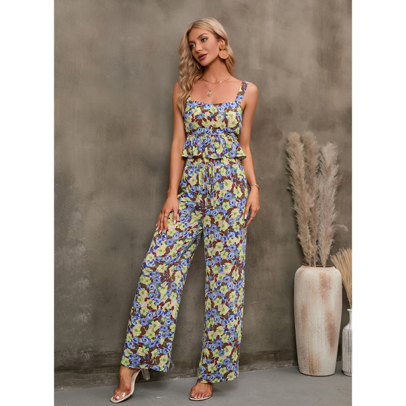 Sleeveless Sling Ruffle Print Lace-Up High-Rise Trousers Two-piece Outfits