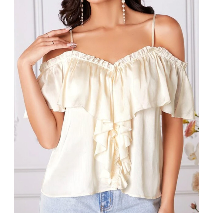 Sling Wrap Chest Off-Shoulder Cropped Ruffle Sleeve Solid Top Blouses & Shirts