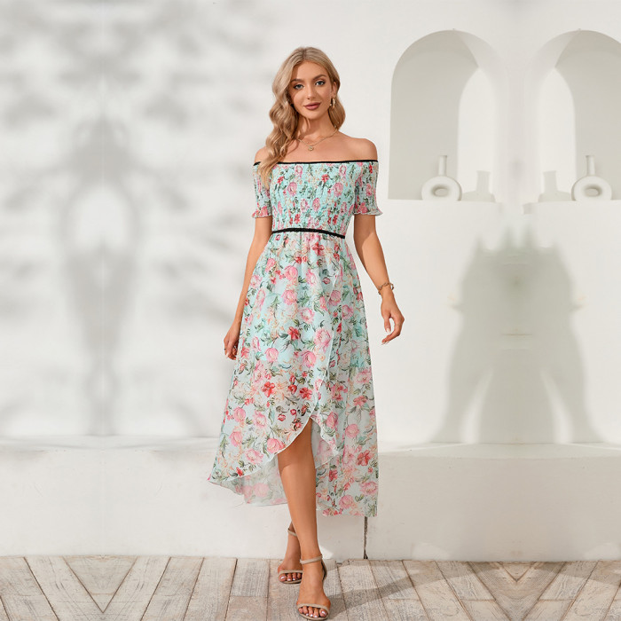 Sexy Slit Wraps Chest And Shoulders With Floral Temperament Midi Dresses