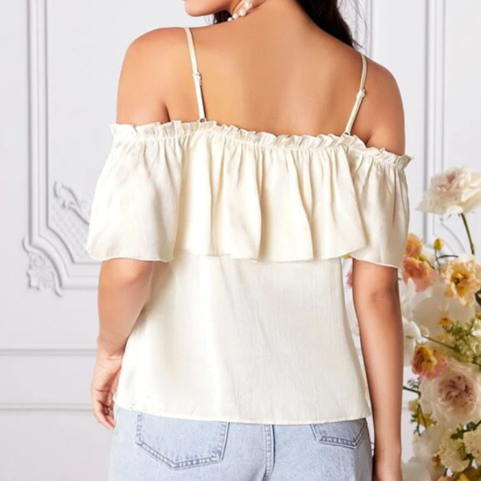 Sling Wrap Chest Off-Shoulder Cropped Ruffle Sleeve Solid Top Blouses & Shirts