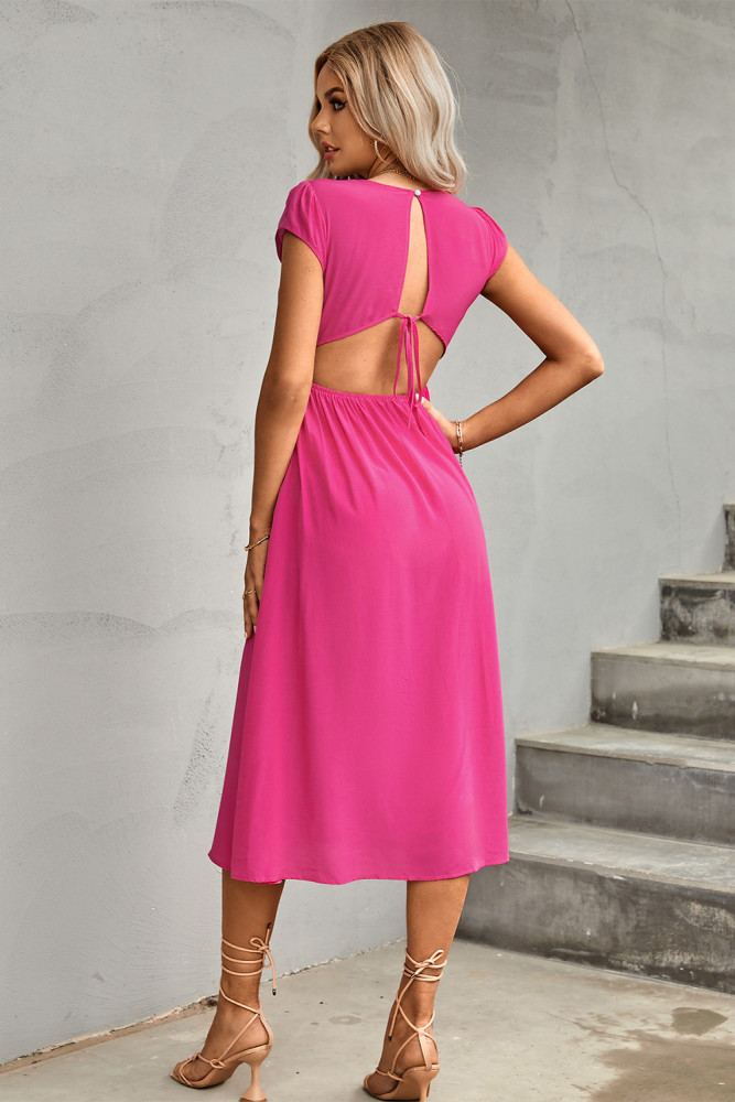 Round Neck High Waist Solid Color Open Back Slit Dress Midi Dresses