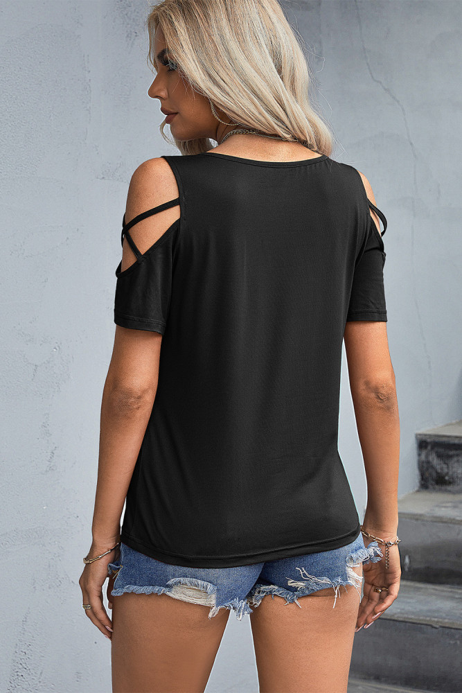 Classic Solid Round Neck Cutout Short Sleeve Top T-Shirts