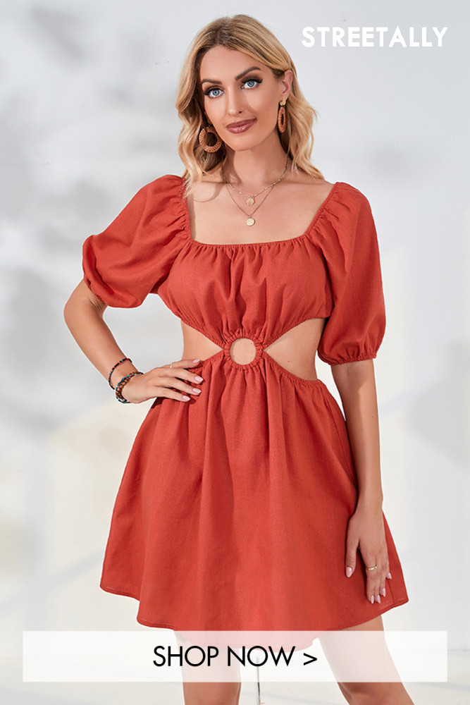 Solid Color Show Waist Sexy Wrap Bust Puff Sleeve Square Neck Mini Dresses