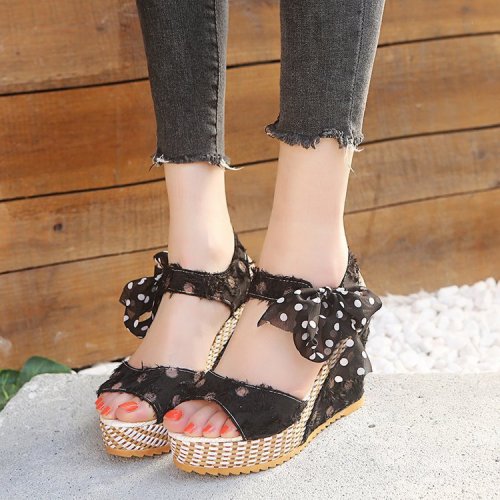 Fashion Raw Edge Polka Dot Open Toe High Heel Bow Wedge Sandals