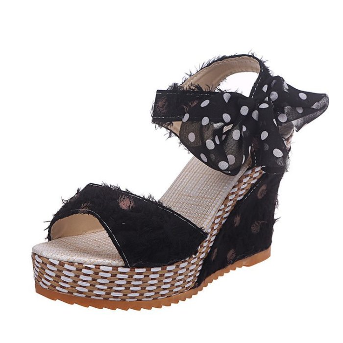 Fashion Raw Edge Polka Dot Open Toe High Heel Bow Wedge Sandals